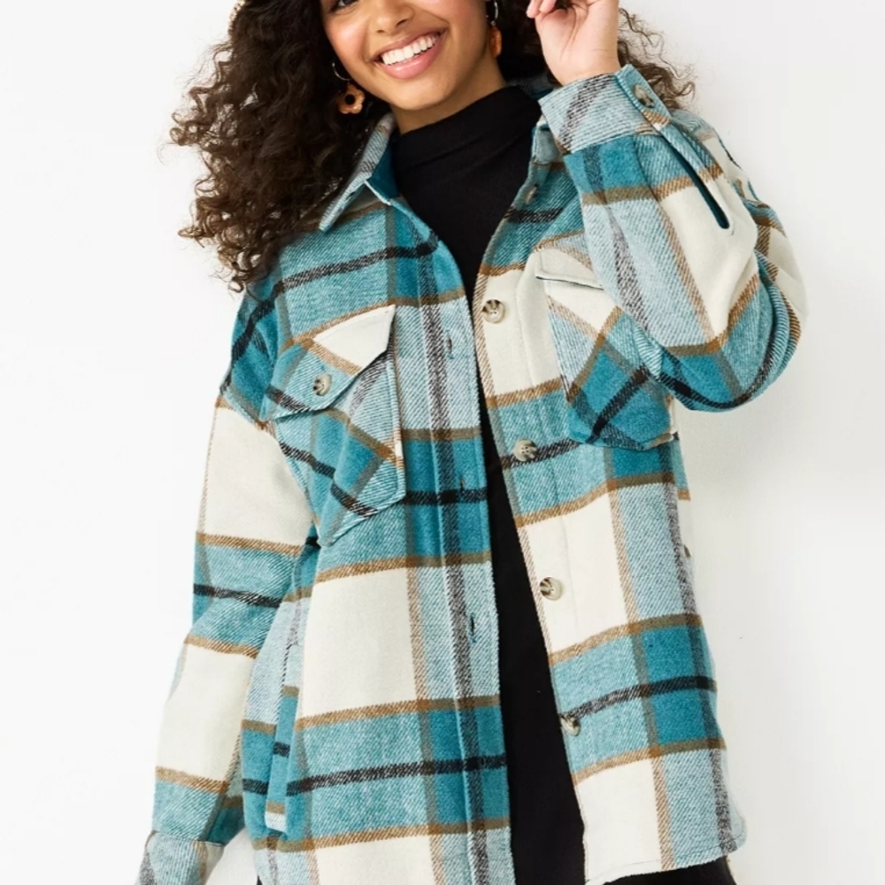 SO Women's Teal and Cream Plaid Utility Jacket